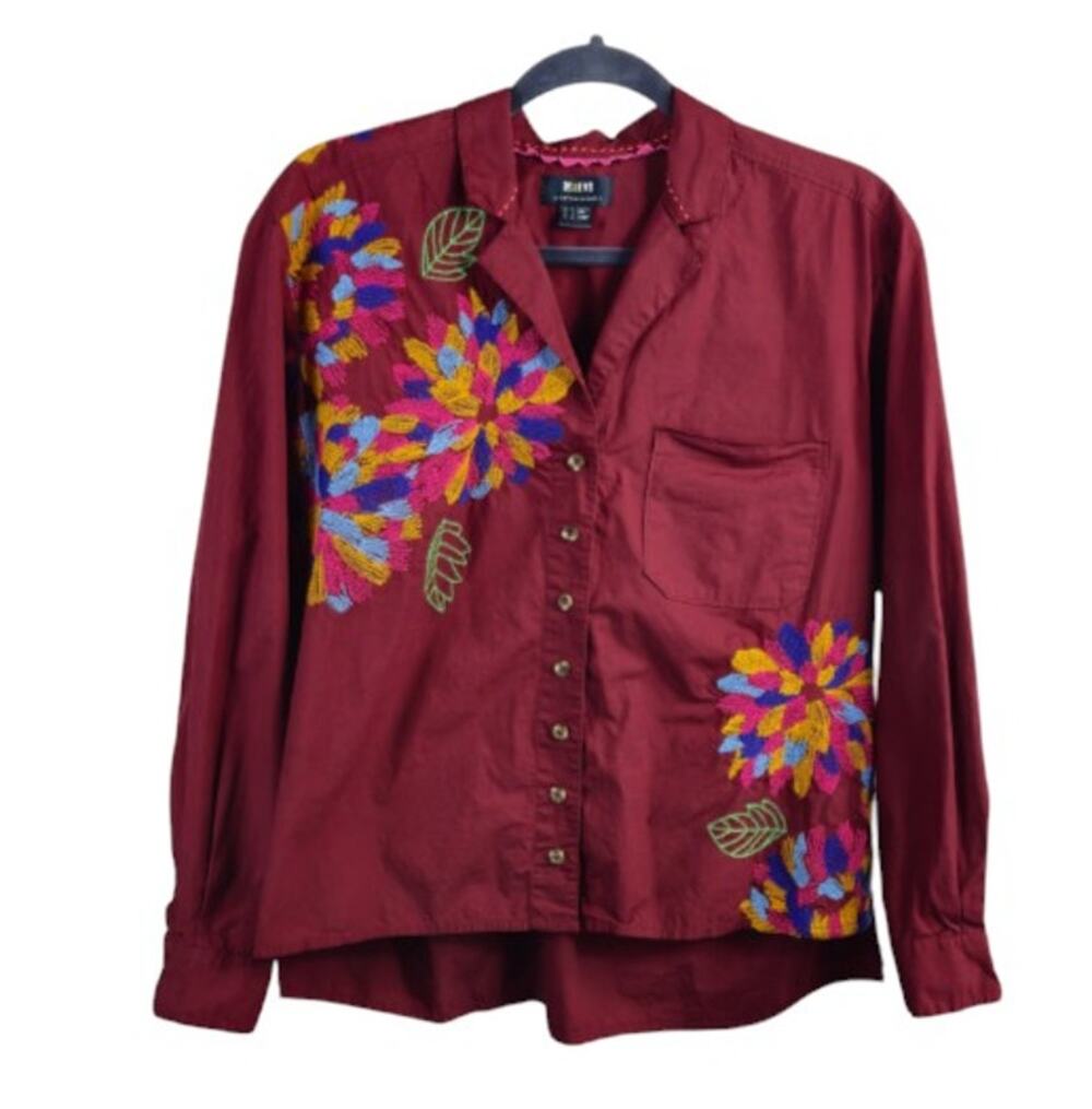 Anthropologie Maeve Embroidered Button Down Boxy Burgundy 6